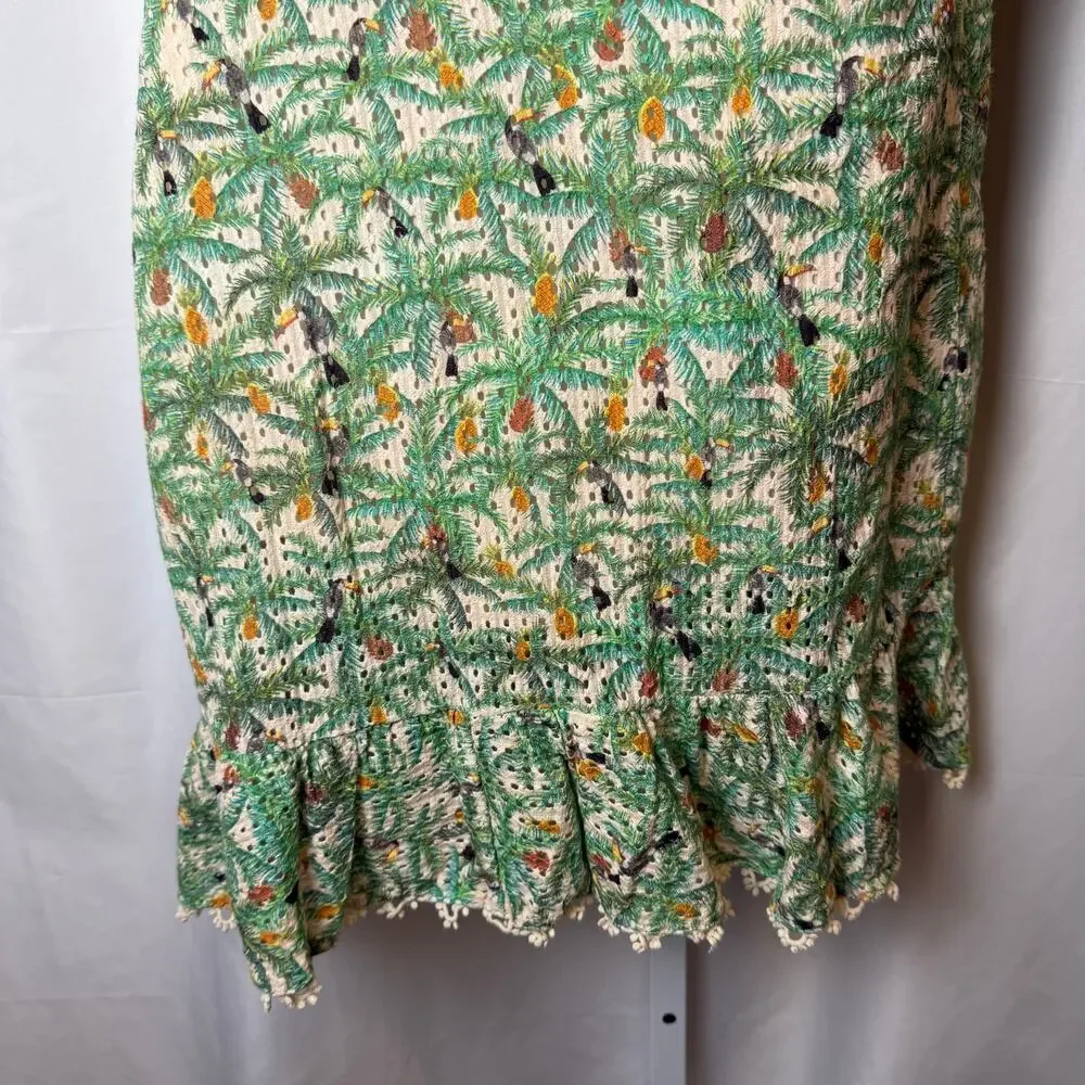 Farm Rio Mini Toucans One Shoulder Dress XL Tropical Resort Lined Ruffle Texture